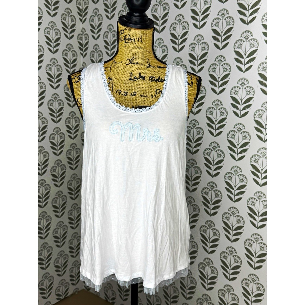 Kensie Bridal Women's White Blue Lace Trim "Mrs" Chemise Tank Top L NWT